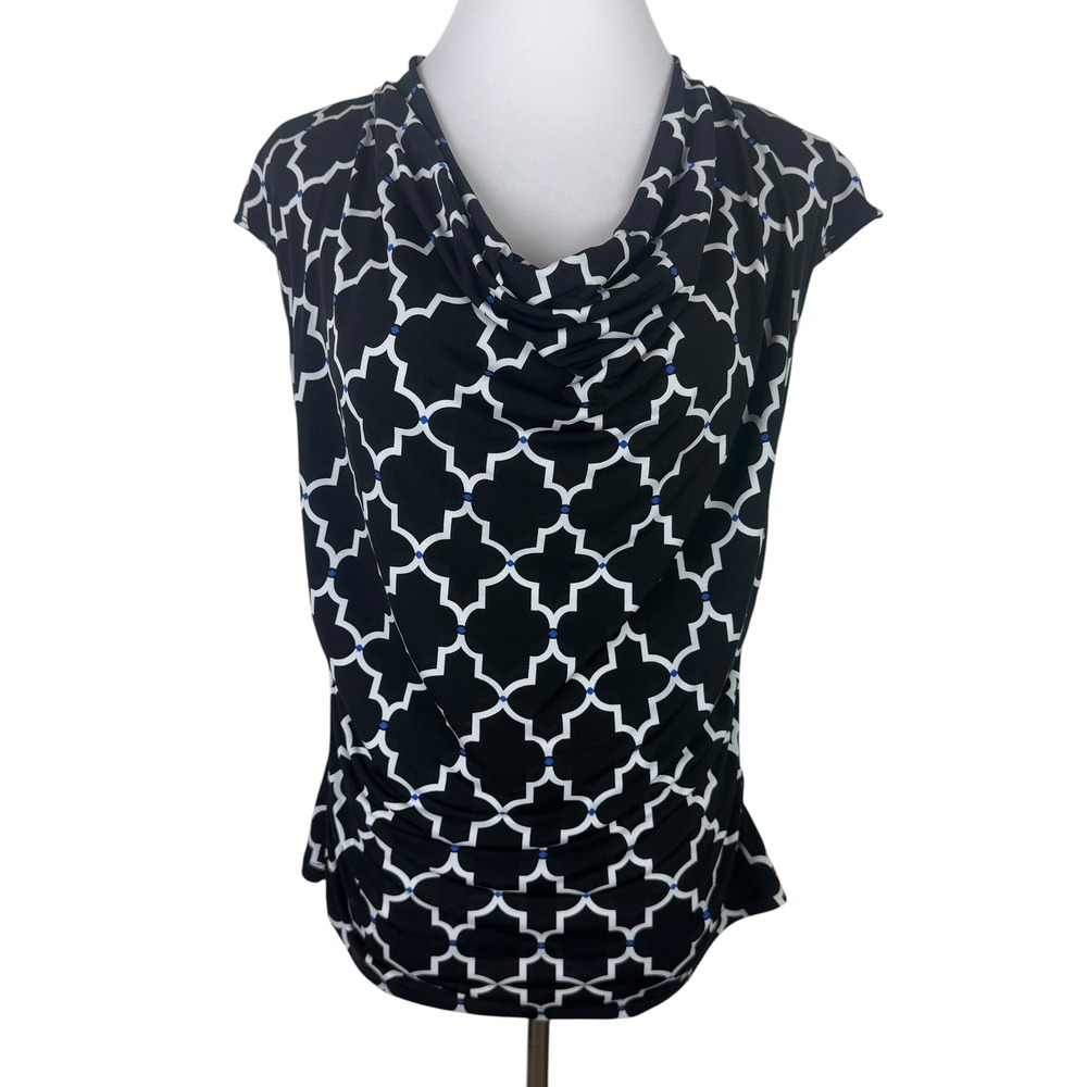 Worthington Women's Petite Large Cowl Neck Blouse Black White Blue Ruched Top